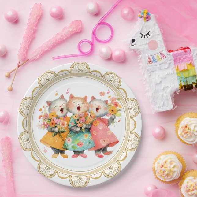 Singende Katzen mit Blumensträußen Pappteller (Party)