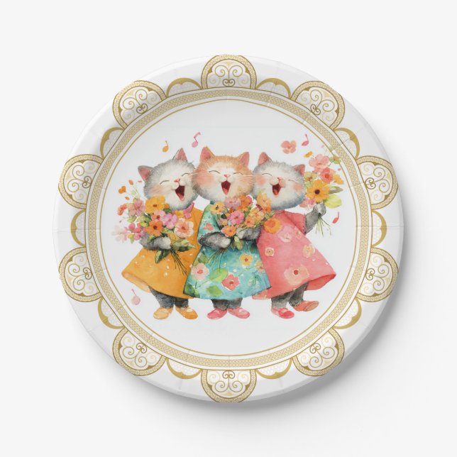 Singende Katzen mit Blumensträußen Pappteller (Vorderseite)