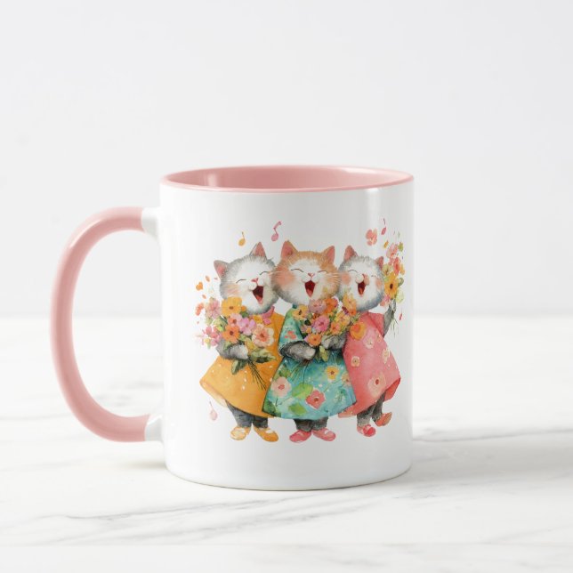 Singende Katzen mit Blumensträußen Tasse (Links)