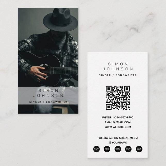 Singer Musician Songwriter Fotografy QR Code Visitenkarte (Vorne/Hinten)