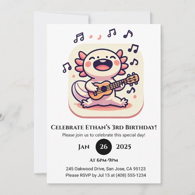 Singing Axolotl with Ukulele Birthday Einladung (Vorderseite)