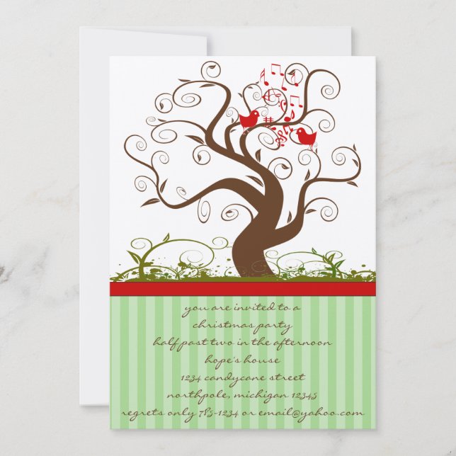 Singing Bird Tree Swirl Weihnachtsfeier Party Einl Einladung (Vorderseite)