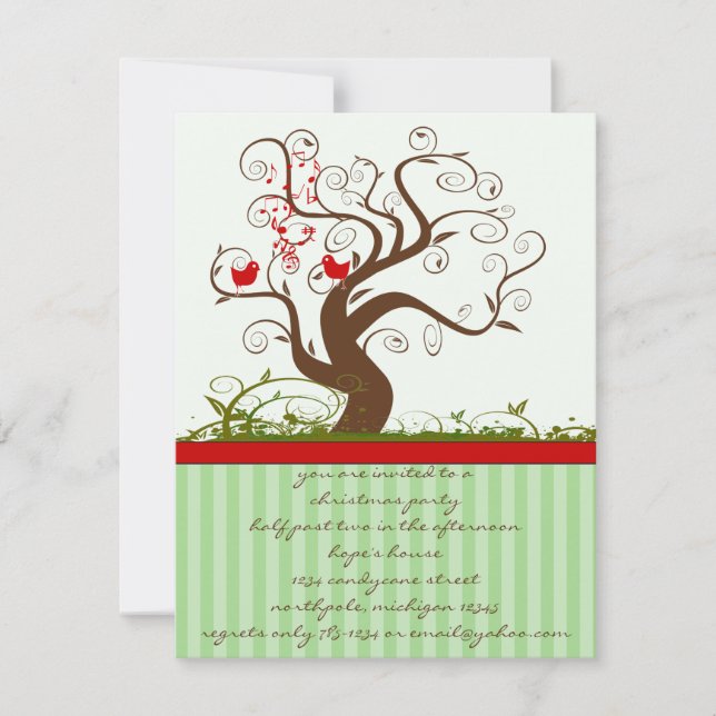 Singing Bird Tree Swirl Weihnachtsfeier Party Einl Einladung (Vorderseite)