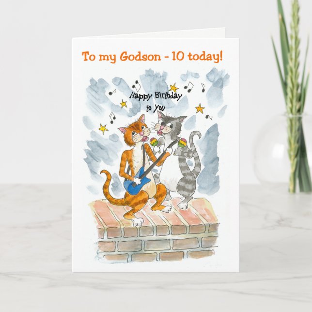 Singing Cats 10th Fun Birthday Card for a Godson Karte (Vorderseite)