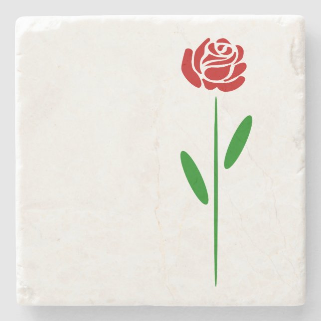 Single Art Deco Rote Rose Grüne Blätter und Stem Steinuntersetzer (Vorderseite)