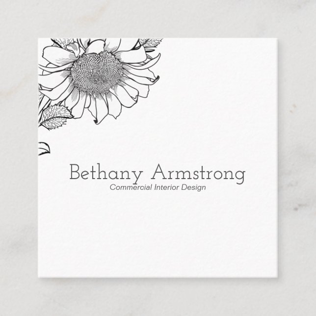 Single Black & White Sunflower Steam Business Card Quadratische Visitenkarte (Vorderseite)