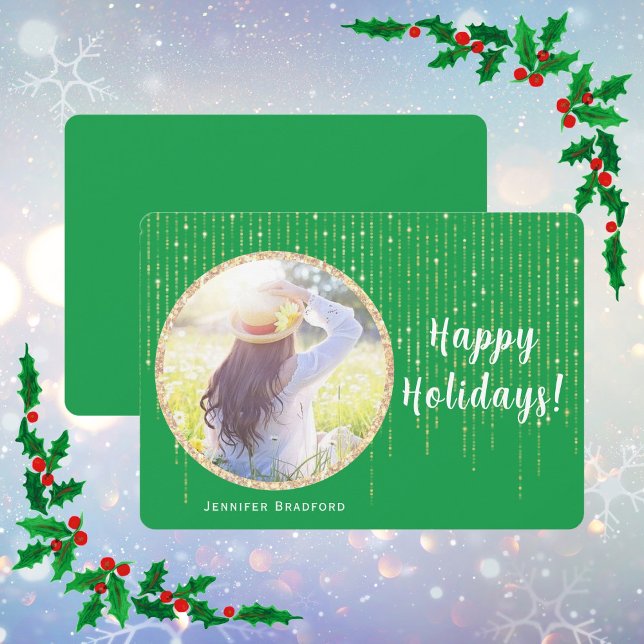Single Foto Green Happy Holidays Gold Glitzer Feiertagskarte (Happy Holidays Single Photo Green Holiday Card)