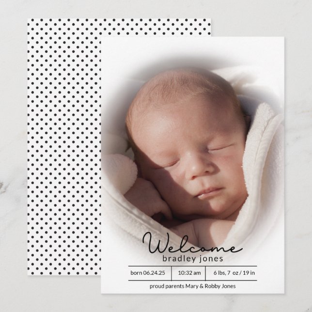 Single Foto Niedlich Typografie Baby Birth Ankündigung (Vorne/Hinten)