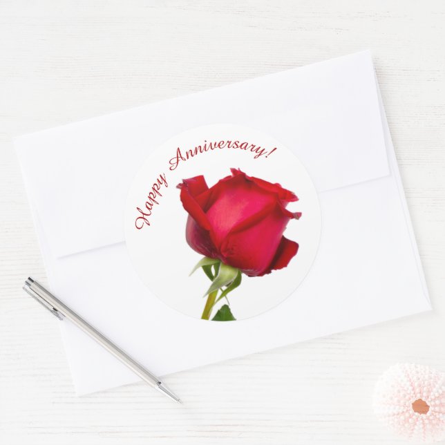 Single Happy Jubiläum Rote Rose Fotovorlage Runder Aufkleber (Umschlag)