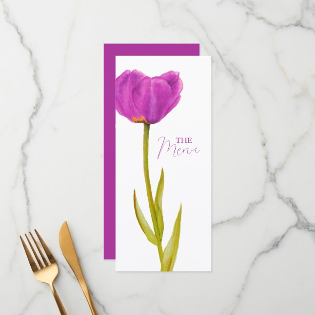 Single lila Tulpenfarbenhochzeit Menükarte (Vorderseite/Rückseite Beispiel)