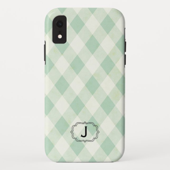 Single Monogram Gerahmt auf Mint und Green Gingham Case-Mate iPhone Hülle (Rückseite)