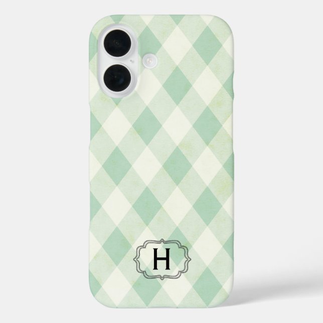 Single Monogram Gerahmt auf Mint und Green Gingham iPhone 16 Hülle (Rückseite)