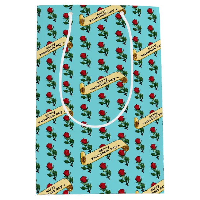Single Red Rose Happy Valentine's Day 80s Retro Mittlere Geschenktüte (Vorderseite)