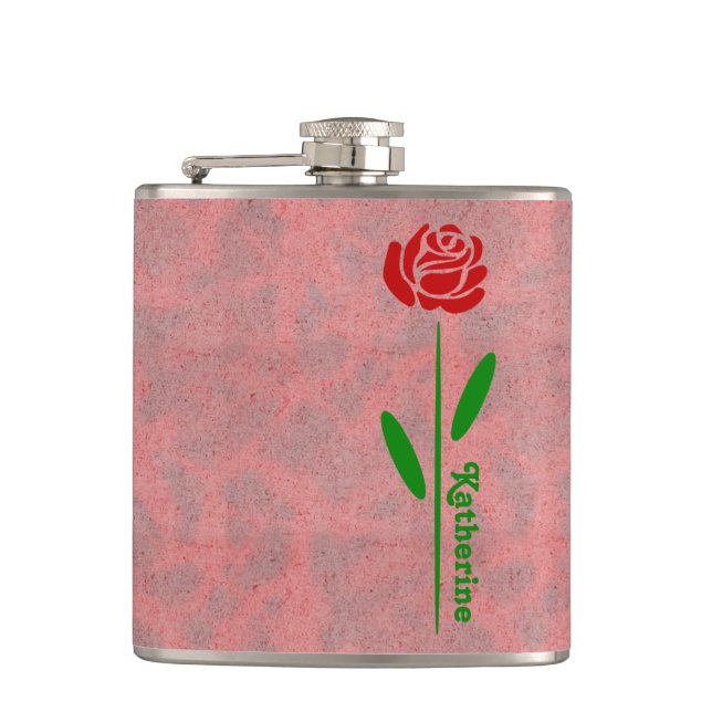 Single Rote Rose Blätter für grünen Stem Flachmann (Vorderseite)