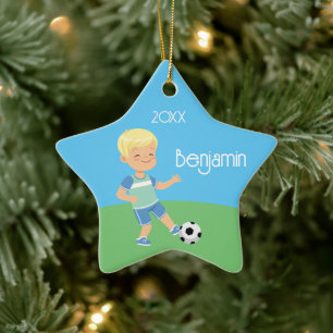 Single Sided Blond Soccer Boy Keramik Ornament