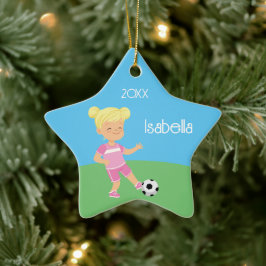 Single Sided Blonde Girl Soccer Star Keramik Ornament