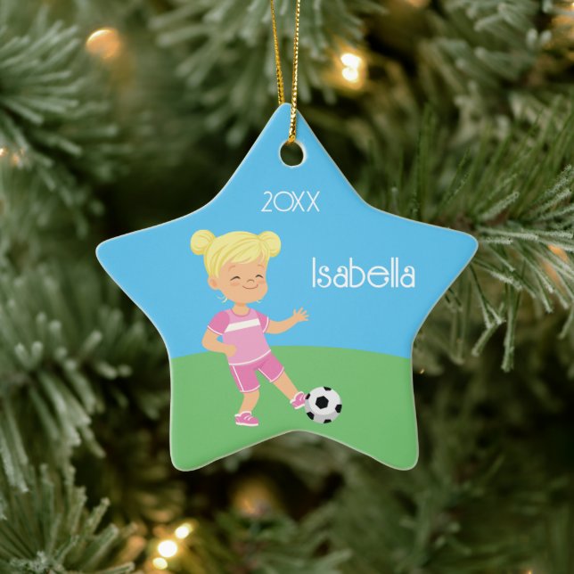 Single Sided Blonde Girl Soccer Star Keramik Ornament (Baum)