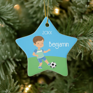 Single Sided Brünett Boy Soccer Keramik Ornament