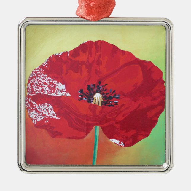 Single Steppe Mohn auf rot-grün und orange Hinterg Silbernes Ornament (Vorne)