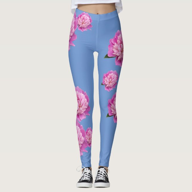 Singrün-blaue Leggings mit rosa Blumen-Entwurf (Vorderseite)