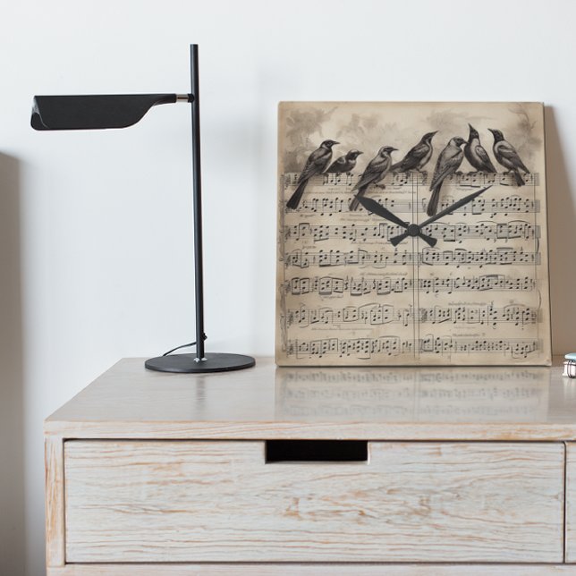 Singvögel auf einer musikalischen Komposition Quadratische Wanduhr (Von Creator hochgeladen)