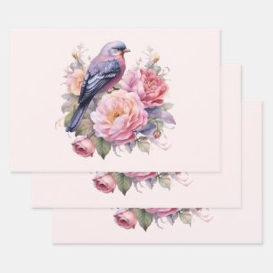 Singvogel auf rosa Pfingstrosen Geschenkpapier Set