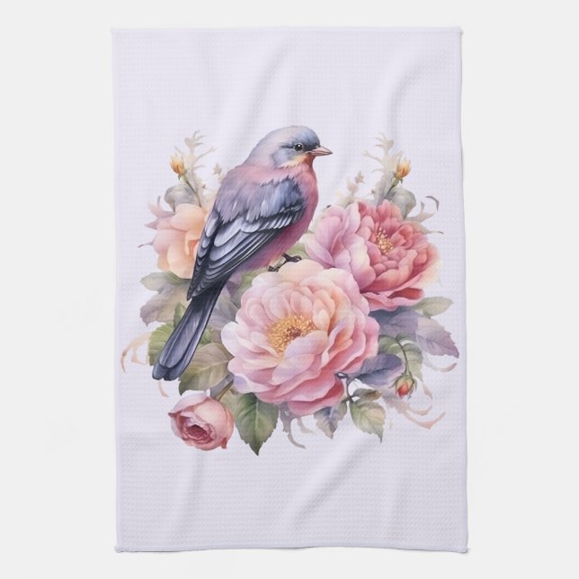 Singvogel auf rosa Pfingstrosen Geschirrtuch (Vertikal)