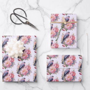 Singvogel auf rosa Pfingstrosen-Muster Geschenkpapier Set