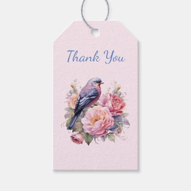 Singvogel auf rosa Pfingstrosen thront Danke Geschenkanhänger (Vorderseite)