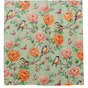 Singvogel-Blumen-Botanik - Orange Blüten Mint-Farb Duschvorhang