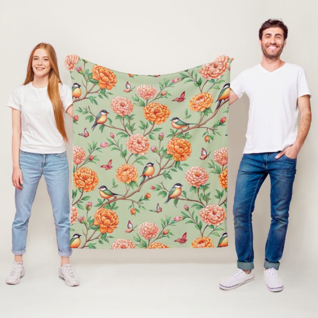 Singvogel-Blumen-Botanik - Orange Blüten Mint-Farb Fleecedecke (Beispiel)
