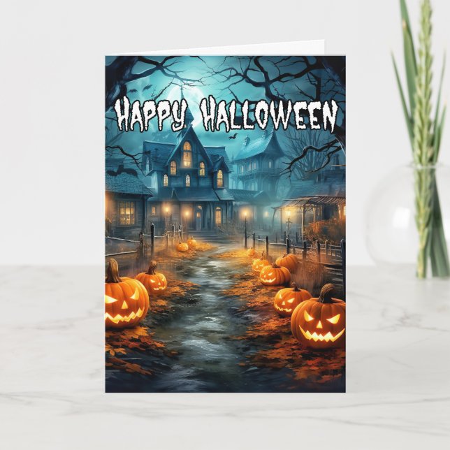 Sinister Pumpkins Spuk House Happy Halloween Karte (Vorderseite)