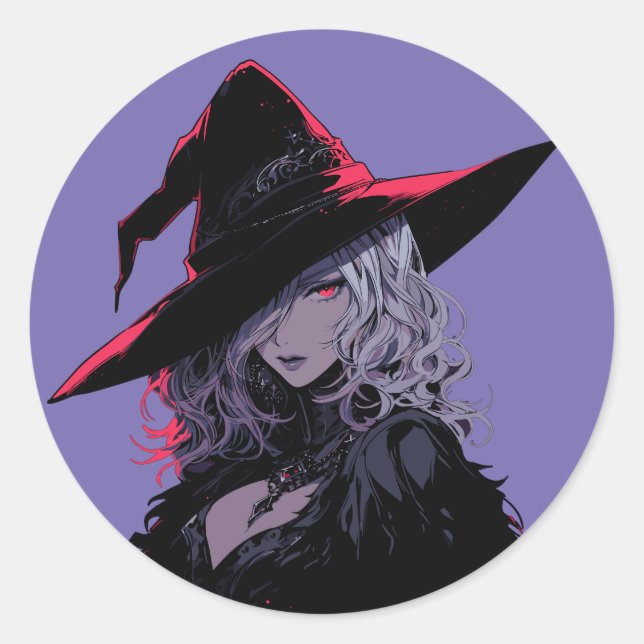 Sinnliche Halloween-Gothic-Hexe in einem schwarzen Runder Aufkleber (Vorderseite)