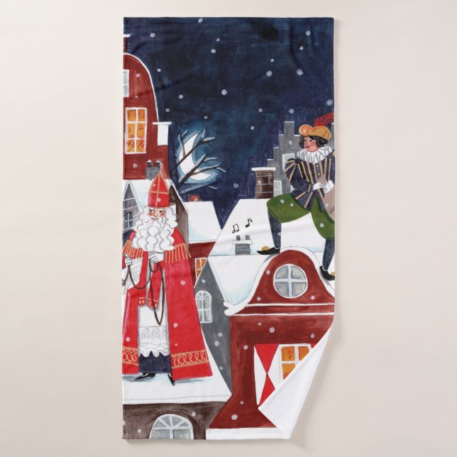 Sinterklaas and Piet on the roofs of Amsterdam Pos (Serviette de bain)
