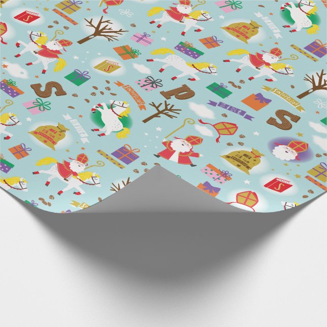 Sinterklaas mit weißem Pferd, Geschenken und Schok Geschenkpapier (Ecke)