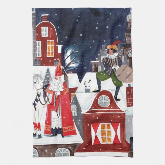 Sinterklaas und Piet auf den Dächern von Amsterdam Geschirrtuch (Vertikal)