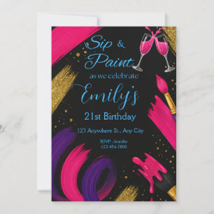 Sip and Paint Black & Rose Anniversaire Invitation