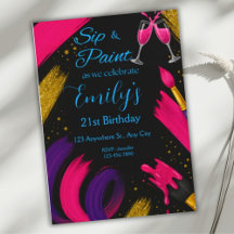 Sip and Paint Black & Rose Anniversaire Invitation