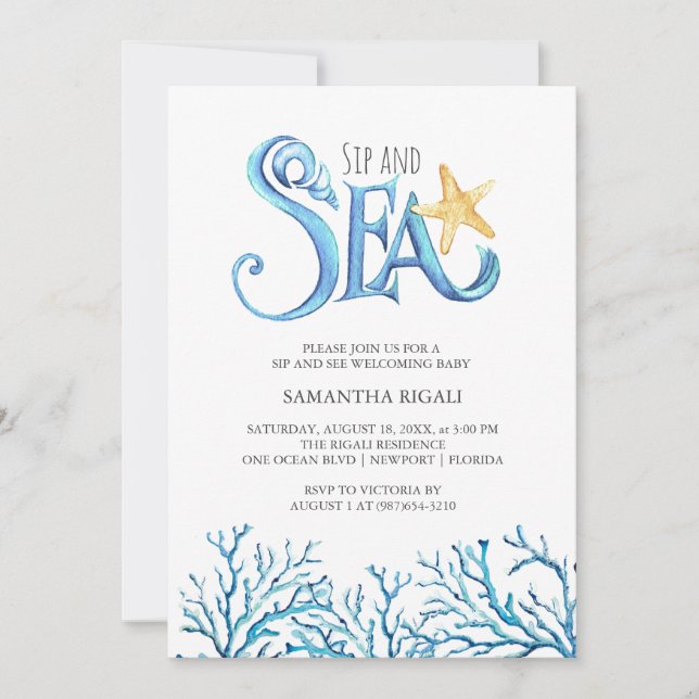 Sip and Sea Invitations Watercolor Ocean Thème (Devant)