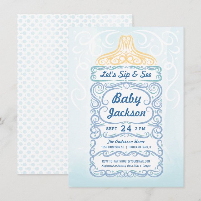 Sip and See Baby Bottle Einladung (Vorne/Hinten)