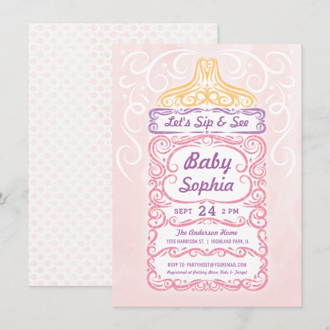 Sip and See Baby Bottle Girl Einladung (Vorne/Hinten)