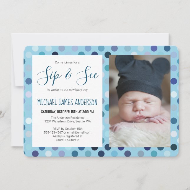 Sip and See Baby Boy Foto Blue Polka Dot Einladung (Vorderseite)