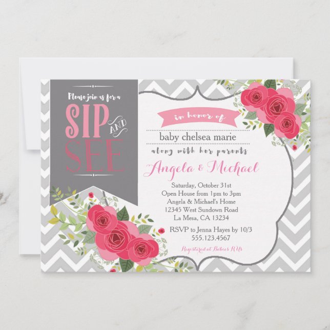 Sip and See Baby Girl Shower Invitation rose (Devant)