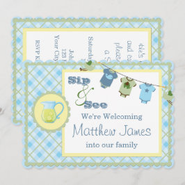 Sip and See Blue Gingham Bunting Baby Shower Einladung