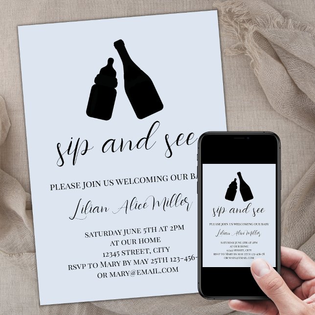 Sip and see Blue Minimalistisch Baby Dusche Einladung (Sip and see invitation template, modern minimalist elegant, baby blue, baby boy, baby bottle)