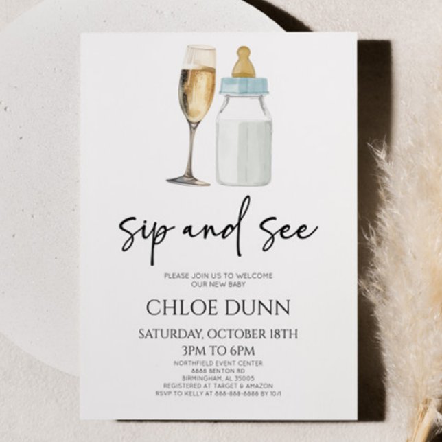 Sip and See Champagne Baby Flasche Baby Dusche Einladung (Von Creator hochgeladen)