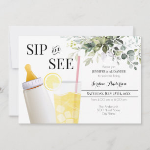 Sip and See Greenery Welcome Baby Invitation