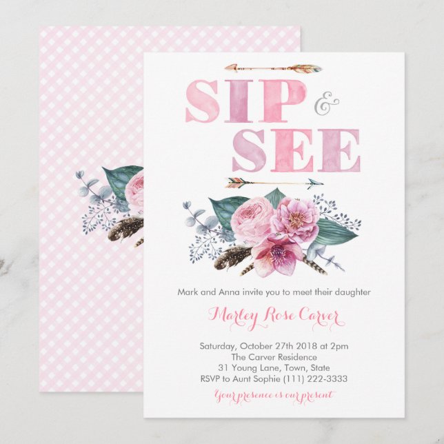 Sip and See Meet New Baby Girl Party Einladung (Vorne/Hinten)