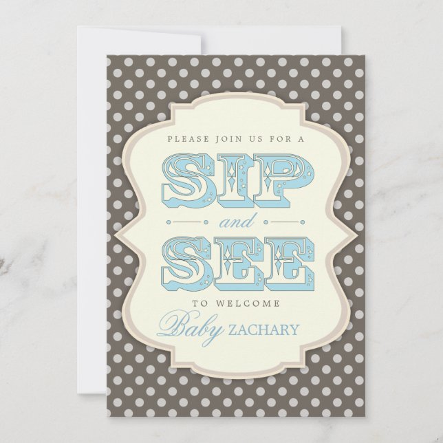 Sip and See Sweet Baby Boy Blue Invitation Brown (Devant)