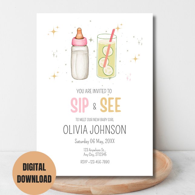 Sip and See, Welcome Baby Girl, New Baby Party Einladung (Von Creator hochgeladen)